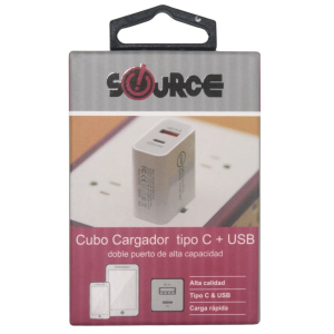 CUBO DE CARGA SOURCE DOBLE PUERTO Y TIPO C (15% DE DESCUENTO EN 4 O MAS UNIDADES)
