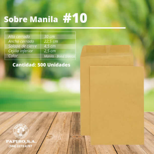 SOBRE MANILA # 10 (22.8 x 30.5 CM) UNIDAD ( 500 ) (25% DE DESCUENTO EN 26 O MAS UNIDADES)