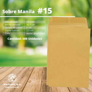 SOBRE MANILA # 15 (30.5 x 38.1 CM) UNIDAD ( 500 ) (25% DE DESCUENTO EN 26 O MAS UNIDADES)