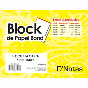 BLOCK BLANCO 1/4 CARTA D NOTAS PAQUETE 6 UNIDADES (25% DE DESCUENTO EN 4 O MAS UNIDADES)